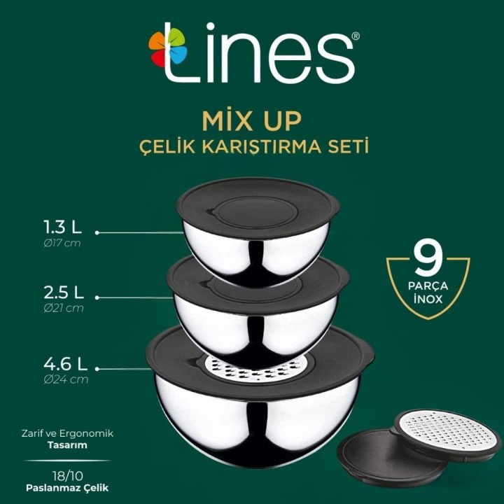 Lines Mix up Paslanmaz Çelik Rendeli Karıştırma Seti 9 parça Inox - Thumbnail